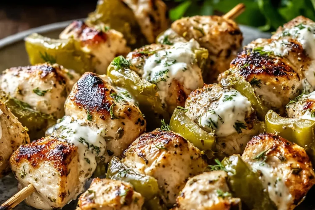 Dill Pickle Ranch Chicken Skewers grilled until juicy with charred edges, topped with creamy ranch and fresh dill on a serving plate.