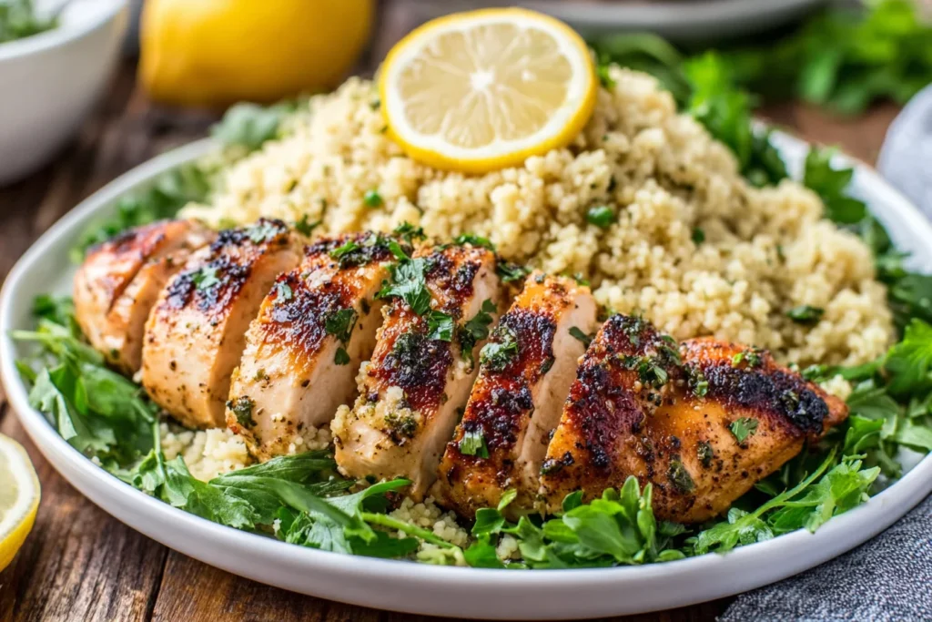 Lemon Herb Grilled Chicken with Couscous served with fluffy herbed couscous, fresh greens, and a lemon slice on top.