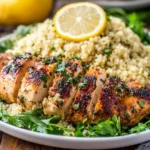 Lemon Herb Grilled Chicken with Couscous served with fluffy herbed couscous, fresh greens, and a lemon slice on top.