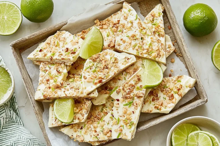 Key Lime Pie Yogurt Bark pieces on a tray with lime slices, topped with graham cracker crumbs and toasted coconut.