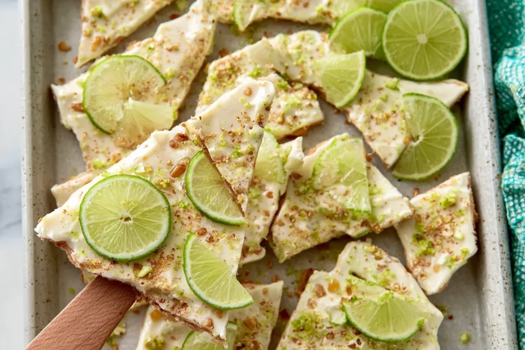 Key Lime Pie Yogurt Bark on a baking sheet with lime slices, sprinkled with graham cracker crumbs and lime zest.