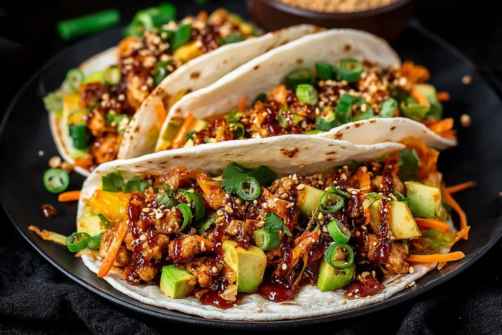 Korean Chicken Tacos with Caramelized Kimchi piled in flour tortillas with saucy ground chicken, avocado, cucumber, carrots, scallions, and sesame