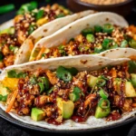 Korean Chicken Tacos with Caramelized Kimchi piled in flour tortillas with saucy ground chicken, avocado, cucumber, carrots, scallions, and sesame
