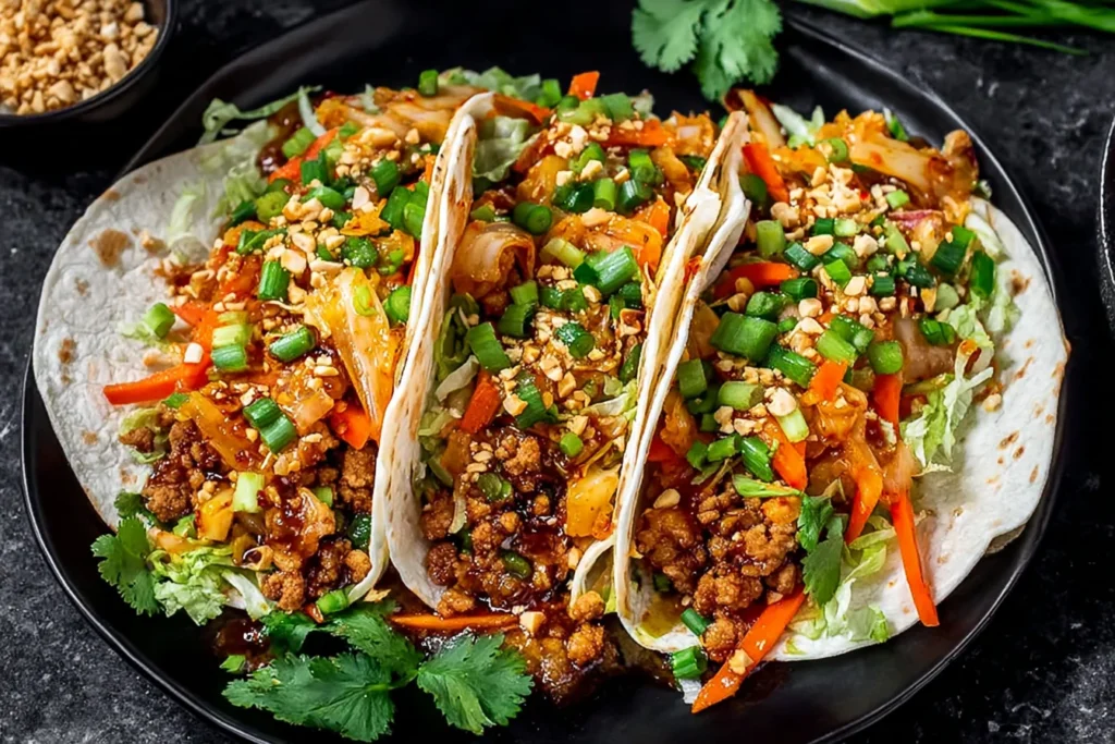 Korean Chicken Tacos with Caramelized Kimchi on flour tortillas with saucy ground chicken, caramelized kimchi, shredded lettuce, scallions, carrots, cilantro, and crushed peanuts.