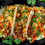 Korean Chicken Tacos with Caramelized Kimchi on flour tortillas with saucy ground chicken, caramelized kimchi, shredded lettuce, scallions, carrots, cilantro, and crushed peanuts.