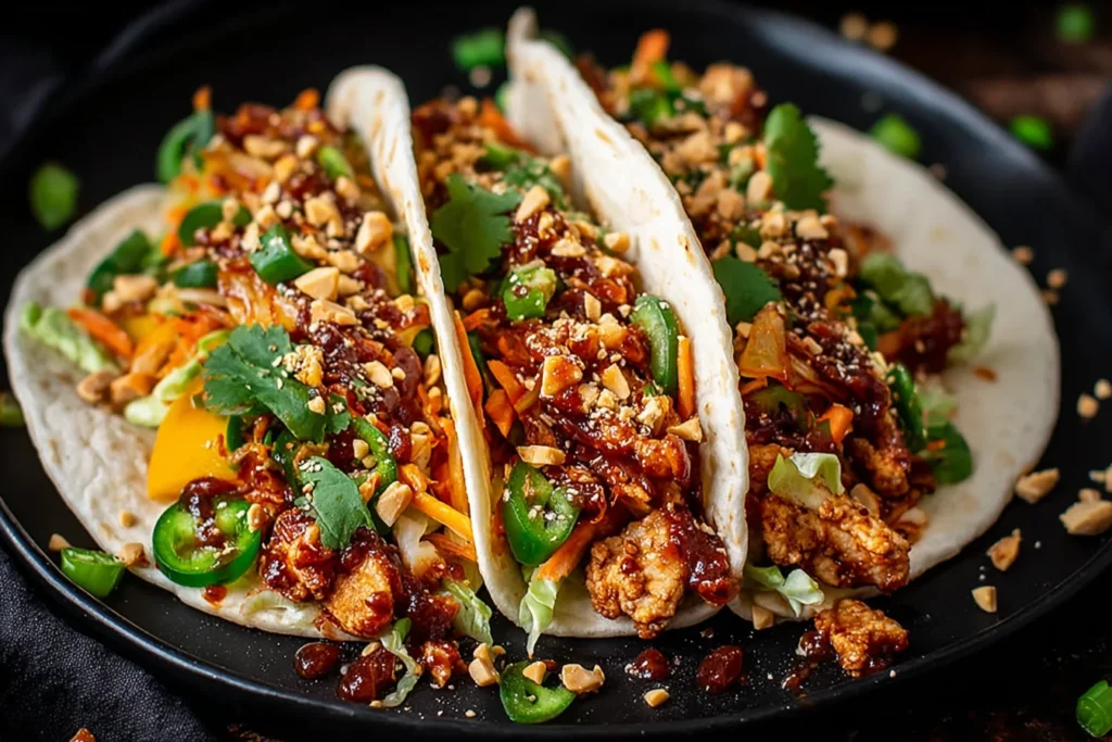 Korean Chicken Tacos with Caramelized Kimchi on flour tortillas with saucy chicken, jalapeños, shredded carrots, cilantro, and crushed peanuts.
