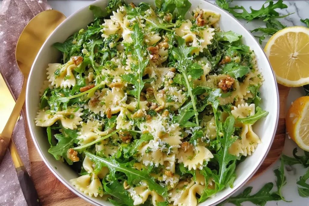 Lemon Arugula Pasta Salad in a white bowl with farfalle, peppery arugula, toasted walnuts, lemon dressing, and grated Parmesan.
