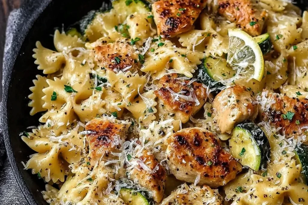 Lemon Chicken Pasta close-up with bowtie pasta, pan-seared chicken, zucchini, parmesan shavings, herbs, and a lemon wedge.