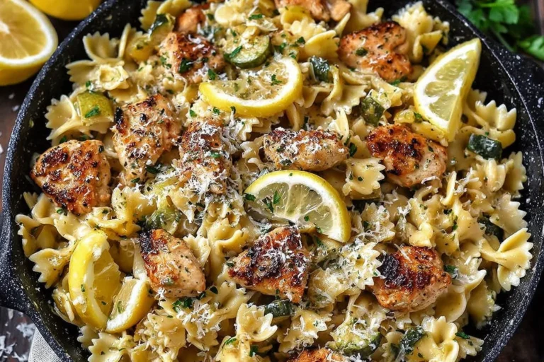 Lemon Chicken Pasta in a skillet with bowtie pasta, seared chicken, zucchini, parmesan, and fresh lemon slices.