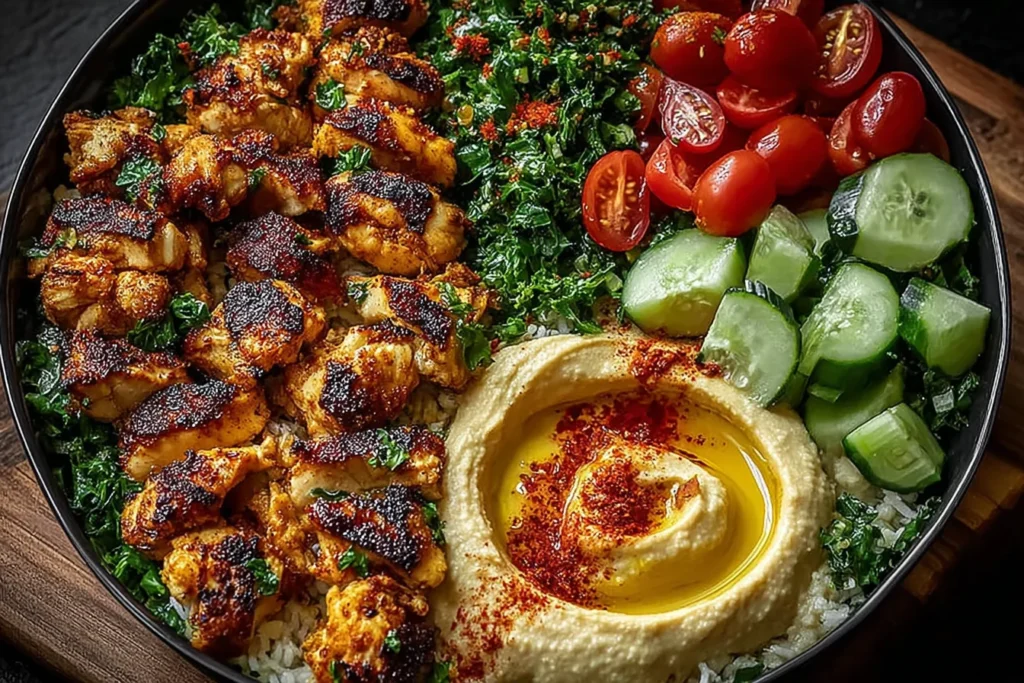 Lemon Chili Grilled Chicken Bowls with Cucumber Salad & Hummus served over rice with charred chicken, creamy hummus, cucumbers, and tomatoes.