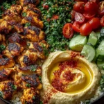 Lemon Chili Grilled Chicken Bowls with Cucumber Salad & Hummus served over rice with charred chicken, creamy hummus, cucumbers, and tomatoes.