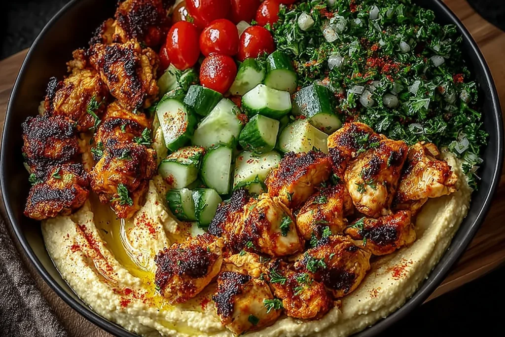 Lemon Chili Grilled Chicken Bowls with Cucumber Salad & Hummus with char-grilled chicken bites, diced cucumbers, cherry tomatoes, and herby greens over creamy hummus.