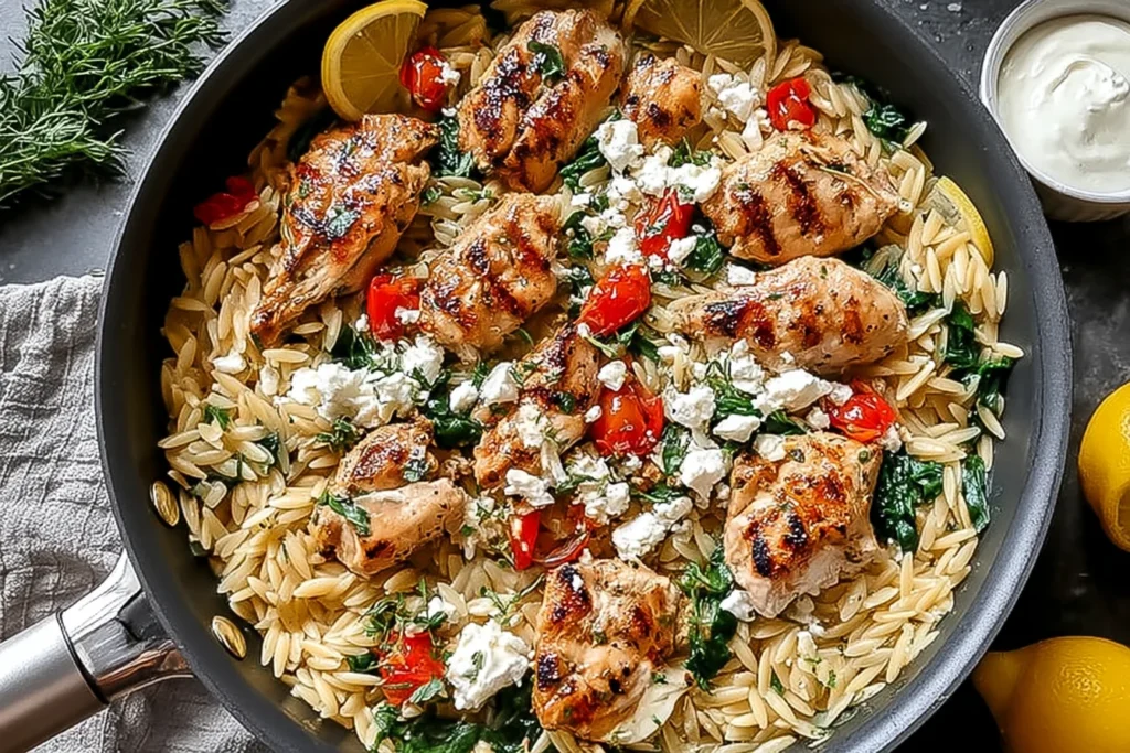 Lemon-Feta Chicken and Orzo skillet with grilled chicken pieces, tender orzo, spinach, feta crumbles, cherry tomatoes, and lemon slices.