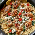 Lemon-Feta Chicken and Orzo skillet with grilled chicken pieces, tender orzo, spinach, feta crumbles, cherry tomatoes, and lemon slices.