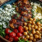 Lemon-Herb Chicken Bowl with Chickpeas & Feta topped with juicy grilled chicken, seasoned chickpeas, cherry tomatoes, greens, and creamy feta.