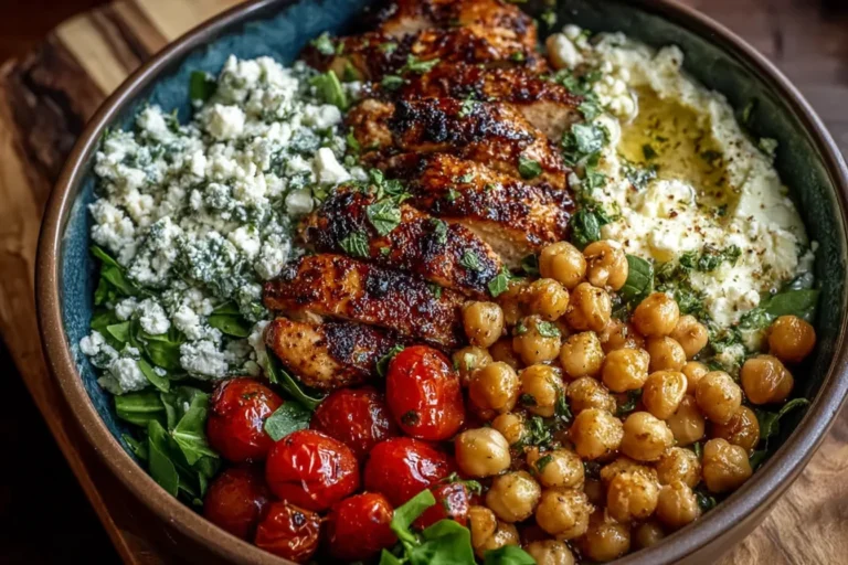 Lemon-Herb Chicken Bowl with Chickpeas & Feta topped with juicy grilled chicken, seasoned chickpeas, cherry tomatoes, greens, and creamy feta.