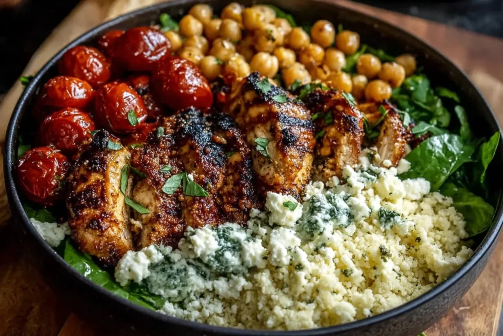 Lemon-Herb Chicken Bowl with Chickpeas & Feta featuring charred lemon-herb chicken, couscous, roasted cherry tomatoes, chickpeas, greens, and feta.