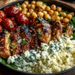 Lemon-Herb Chicken Bowl with Chickpeas & Feta featuring charred lemon-herb chicken, couscous, roasted cherry tomatoes, chickpeas, greens, and feta.