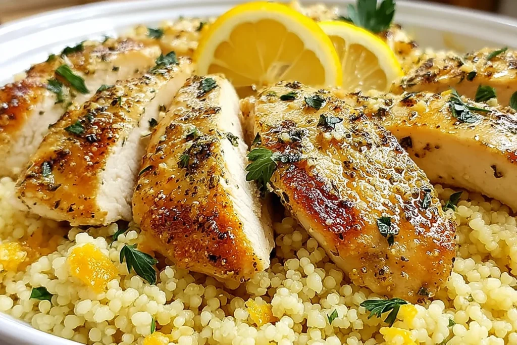 Lemon Herb Couscous Chicken served over fluffy couscous with lemon slices, golden seared chicken breast, and fresh parsley.