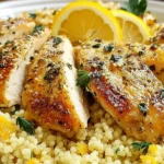 Lemon Herb Couscous Chicken served over fluffy couscous with lemon slices, golden seared chicken breast, and fresh parsley.