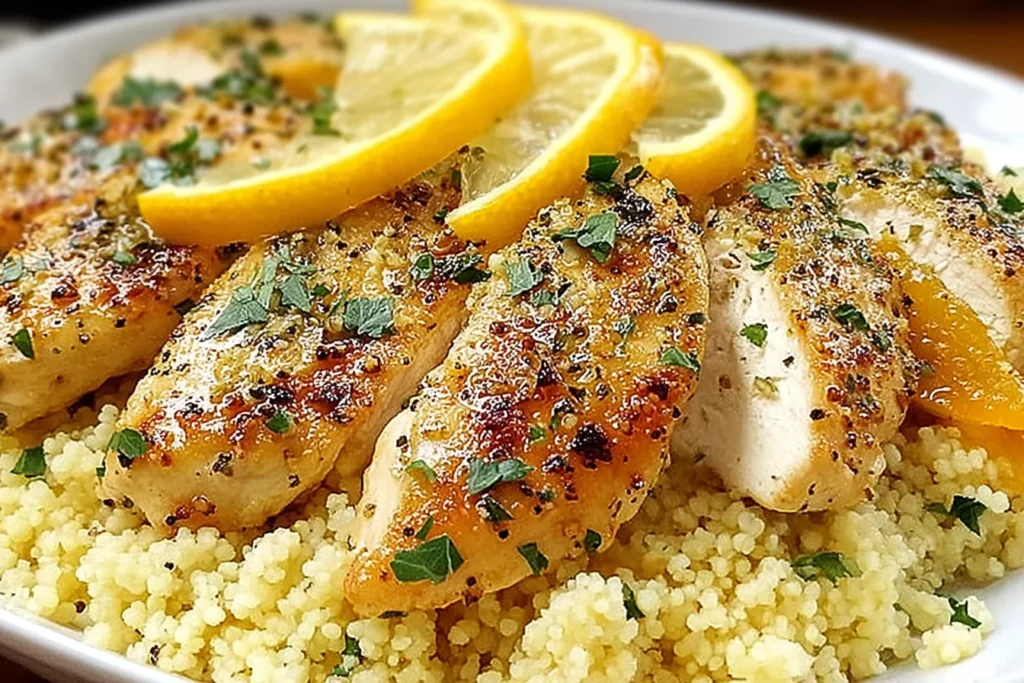 Lemon Herb Couscous Chicken with golden seared chicken breasts, lemon slices, and parsley served over fluffy couscous.