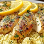Lemon Herb Couscous Chicken with golden seared chicken breasts, lemon slices, and parsley served over fluffy couscous.