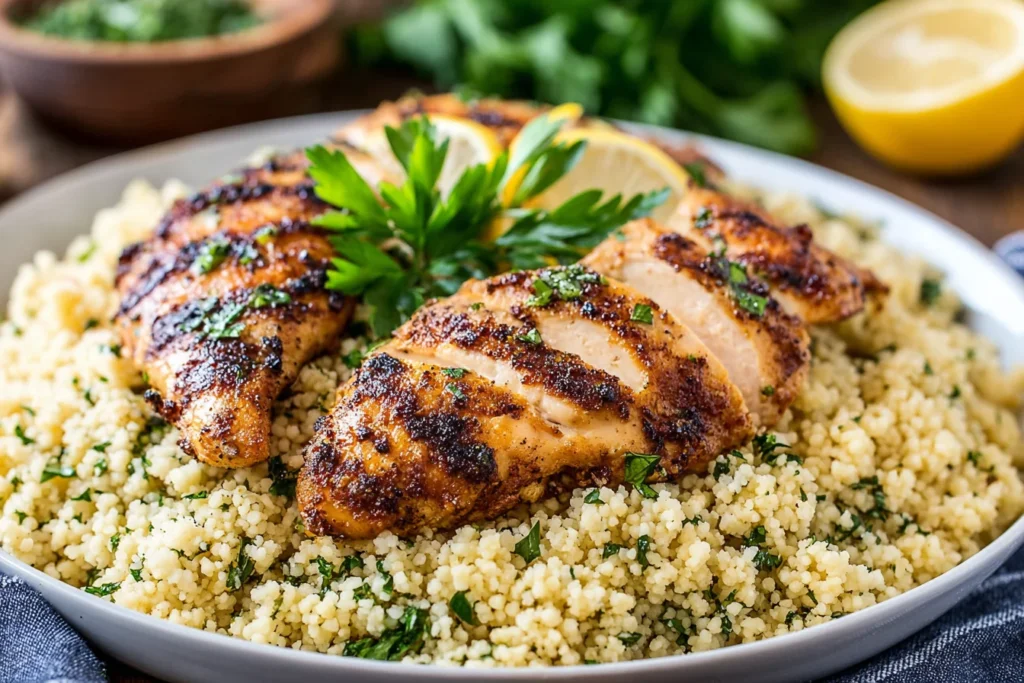 Lemon Herb Grilled Chicken with Couscous on a platter of fluffy couscous with fresh parsley and lemon slices, featuring juicy grilled chicken with char marks.