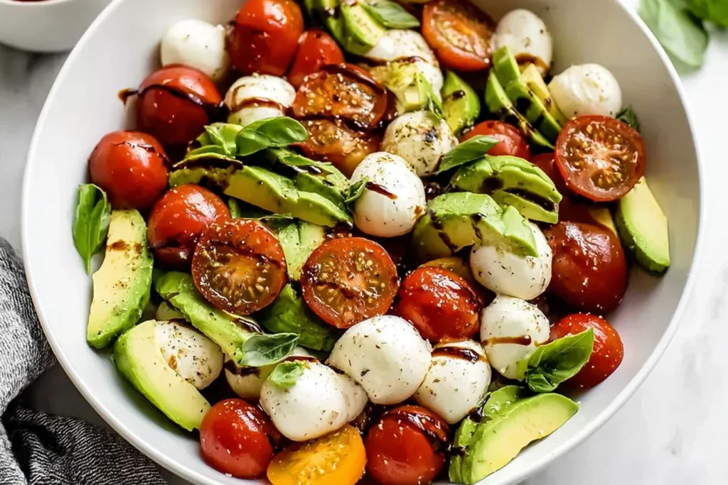 Light Avocado Caprese Salad with cherry tomatoes, mozzarella balls, sliced avocado, fresh basil, olive oil, and balsamic glaze in a white bowl.