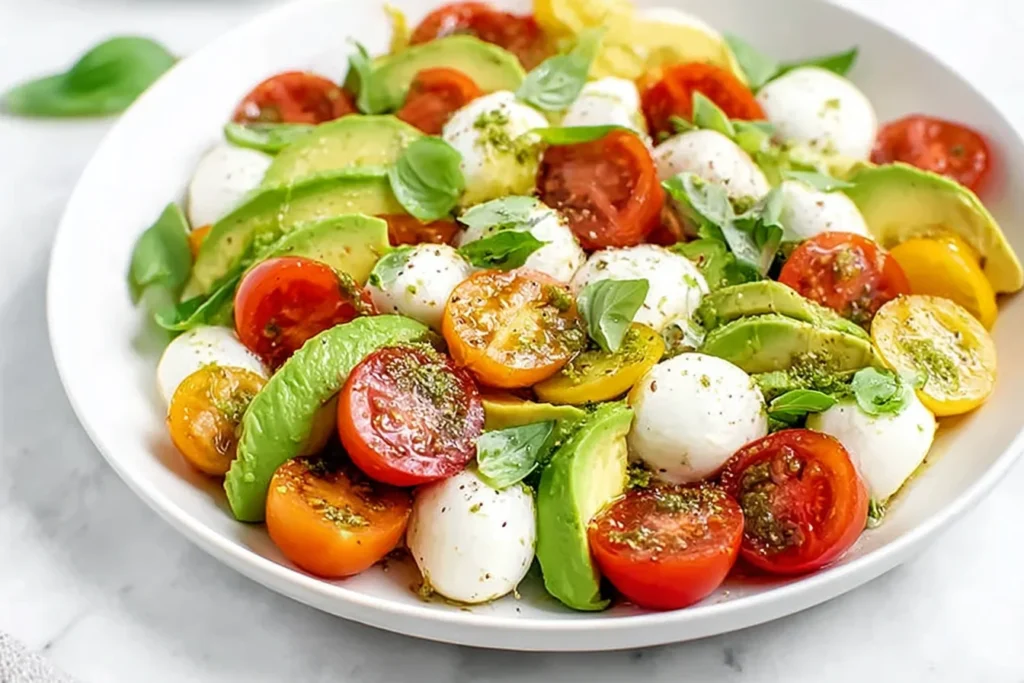 Light Avocado Caprese Salad with cherry tomatoes, mozzarella balls, fresh basil, olive oil, and balsamic drizzle in a white bowl