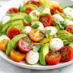 Light Avocado Caprese Salad with cherry tomatoes, mozzarella balls, fresh basil, olive oil, and balsamic drizzle in a white bowl