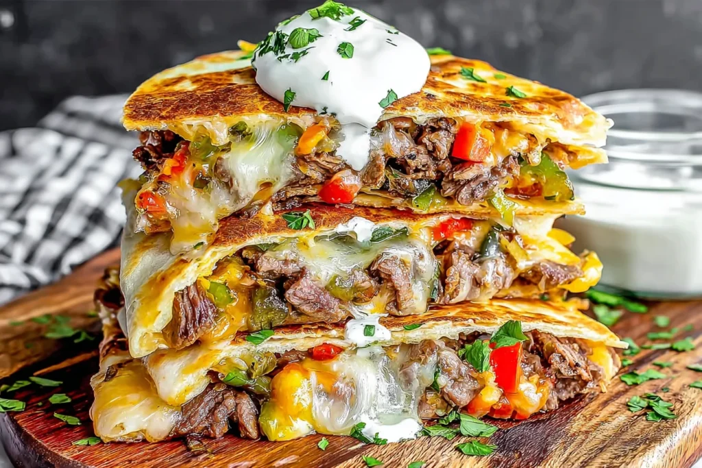 Philly Cheesesteak Quesadilla stacked high with tender steak, peppers, onions, and gooey melted provolone, topped with a creamy sauce and herbs.