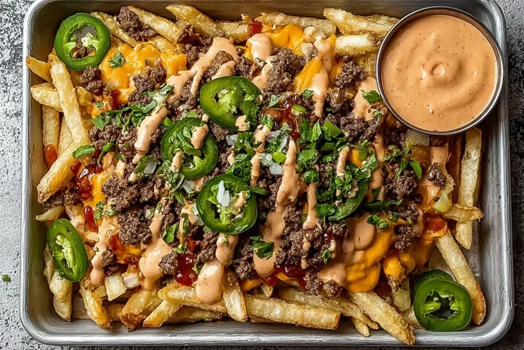 Smash Burger Fries loaded with crispy fries, seasoned ground beef, melted cheddar cheese sauce, jalapeño slices, herbs, and creamy special sauce