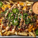 Smash Burger Fries loaded with crispy fries, seasoned ground beef, melted cheddar cheese sauce, jalapeño slices, herbs, and creamy special sauce