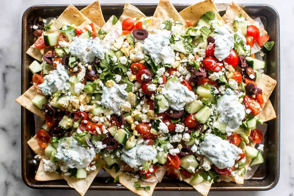 Loaded Vegetarian Greek Pita Nachos on a sheet pan with crispy pita triangles, cucumbers, tomatoes, olives, feta, and creamy tzatziki drizzle.