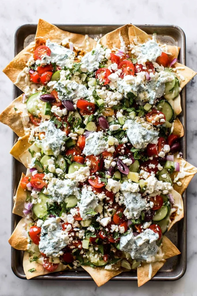 Loaded Vegetarian Greek Pita Nachos on a sheet pan topped with cucumbers, cherry tomatoes, red onion, olives, crumbled feta, and creamy tzatziki.