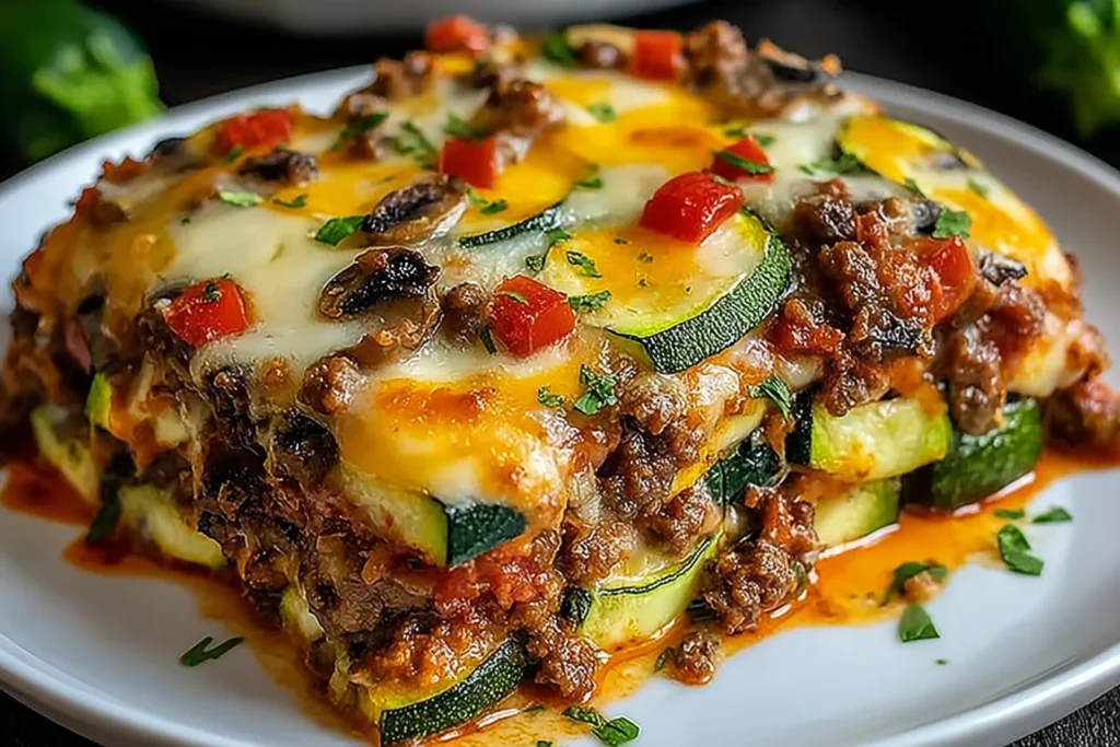 Zucchini Pizza Casserole topped with melted mozzarella and cheddar, ground beef, mushrooms, and zucchini slices on a plate with pizza sauce.