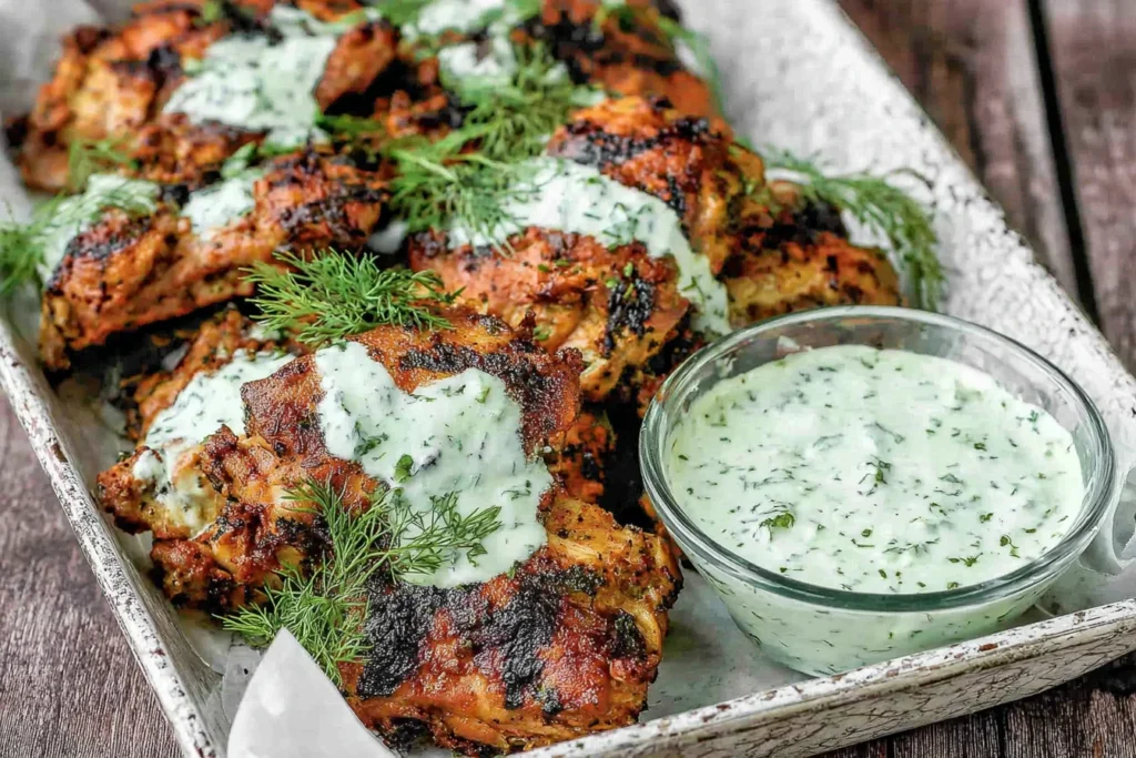 Mediterranean Grilled Chicken Thighs drizzled with dill yogurt sauce on a serving tray with fresh dill and a bowl of creamy herb sauce.