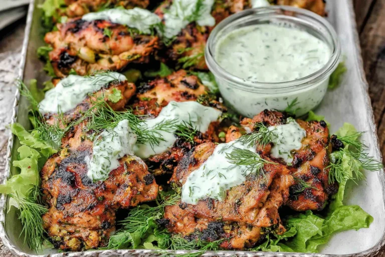 Mediterranean Grilled Chicken Thighs topped with creamy dill yogurt sauce on a platter with fresh dill and greens.