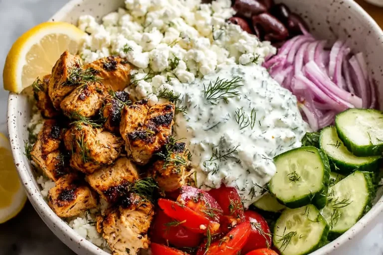 High Protein Mediterranean Lemon Dill Chicken Bowl with grilled lemon-dill chicken, creamy tzatziki, cucumber, tomatoes, feta, red onion, and olives.