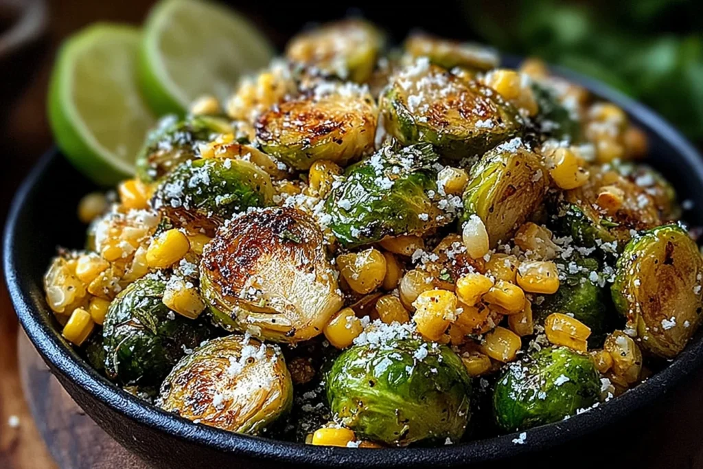 Mexican Street Corn Brussels Sprouts piled in a black bowl with roasted Brussels sprouts, charred corn, cotija cheese, cilantro, and lime.