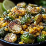 Mexican Street Corn Brussels Sprouts piled in a black bowl with roasted Brussels sprouts, charred corn, cotija cheese, cilantro, and lime.