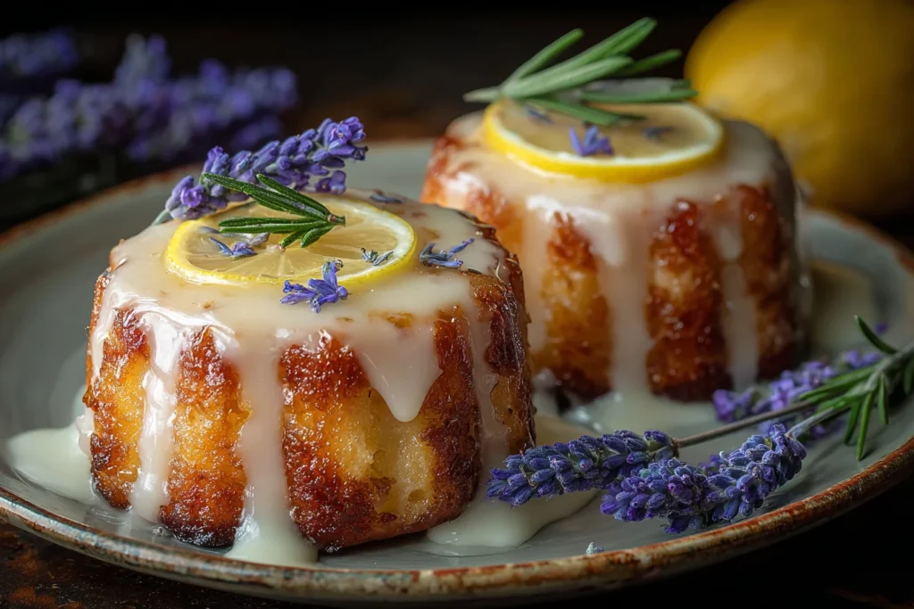 Mini Lemon Cakes with Lavender Glaze topped with lemon slices, lavender buds, and rosemary on a rustic plate with glossy drizzle.