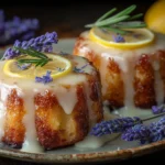 Mini Lemon Cakes with Lavender Glaze topped with lemon slices, lavender buds, and rosemary on a rustic plate with glossy drizzle.