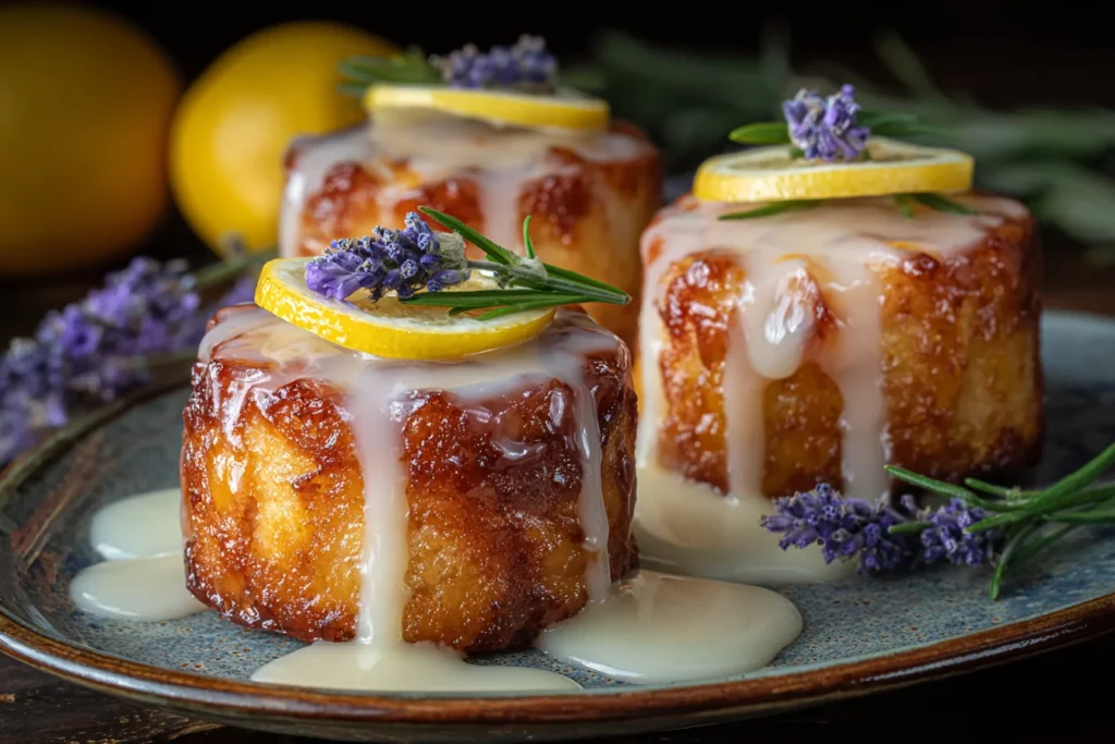 Mini Lemon Cakes with Lavender Glaze on a rustic plate, generously drizzled with lavender icing and topped with lemon slices, rosemary, and lavender.