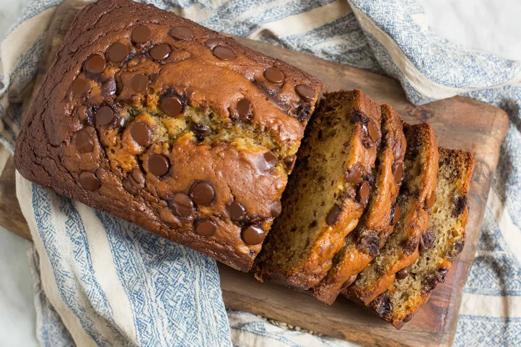 Chocolate Chip Banana Bread loaf sliced on a wooden board with melty chocolate chips and a cozy kitchen towel.