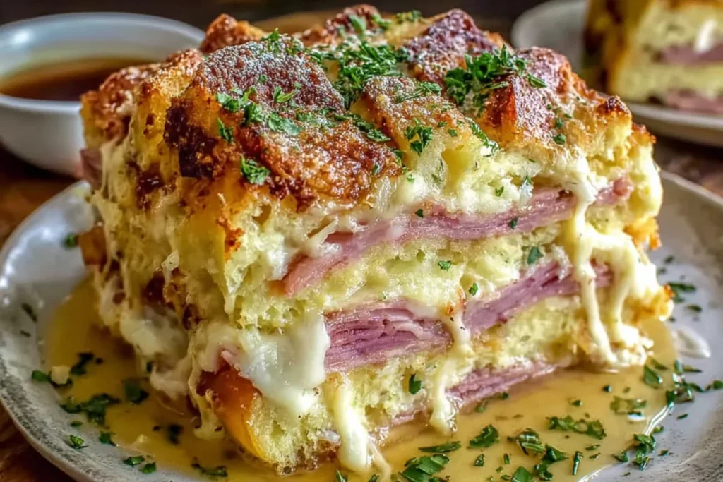 Slice of Monte Cristo Breakfast Casserole with layers of ham, turkey, and melted Swiss cheese, baked golden and served with syrup.
