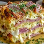 Slice of Monte Cristo Breakfast Casserole with layers of ham, turkey, and melted Swiss cheese, baked golden and served with syrup.