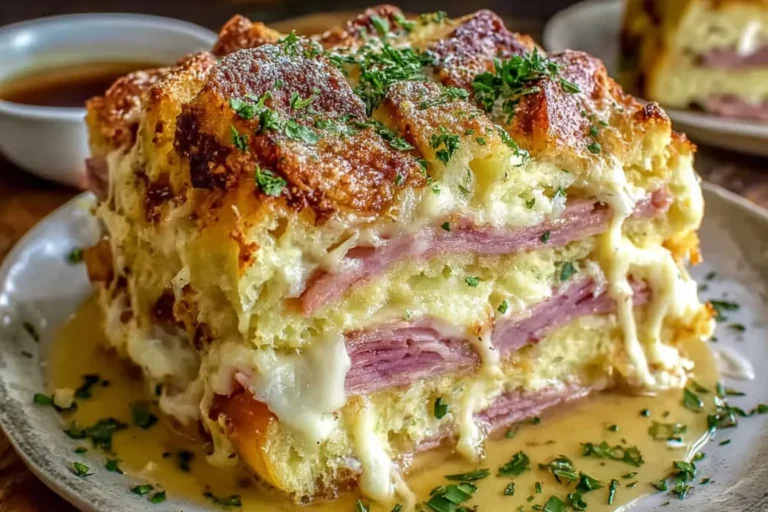 Slice of Monte Cristo Breakfast Casserole with layers of ham, turkey, and melted Swiss cheese, baked golden and served with syrup.