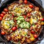 Monterey Chicken Skillet in a cast-iron pan with BBQ-spiced chicken, rich tomato sauce, melted Monterey Jack, cherry tomatoes, and avocado.