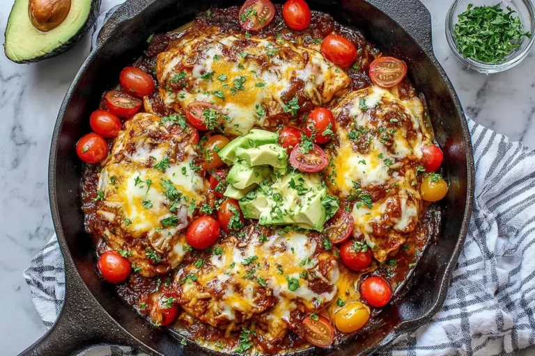 Monterey Chicken Skillet in a cast-iron pan with BBQ-spiced chicken, rich tomato sauce, melted Monterey Jack, cherry tomatoes, and avocado.